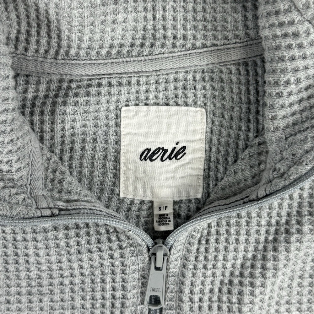 Aerie Womens Small Gray Waffle Knit Quarter Zip Pullover Kangaroo Pocket - Picture 3 of 8